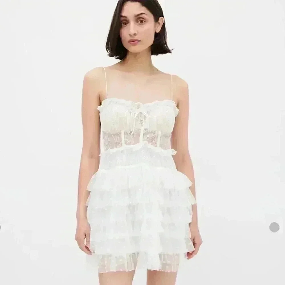 NWT For Love & Lemons White Lace Ruffled  Mini Dress in X-Small